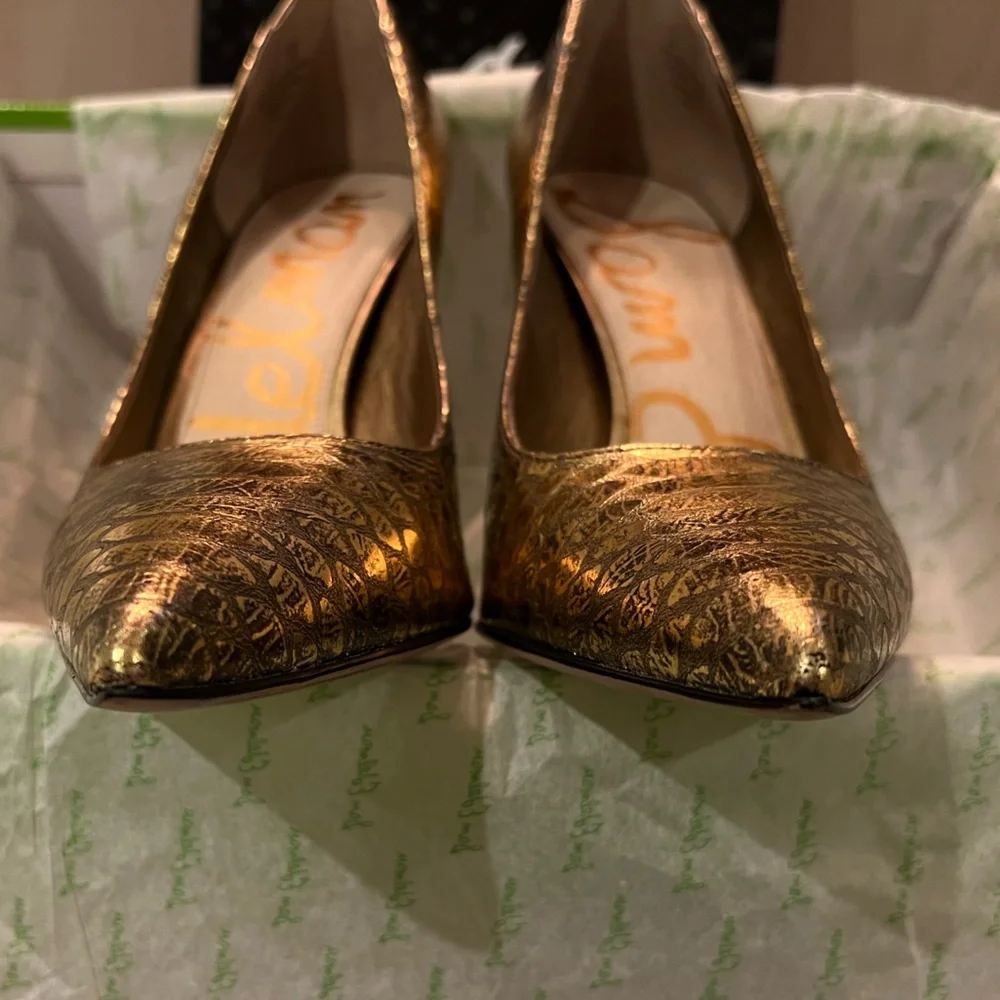 Sam Edelman Gold Metallic Pointed Toe Pumps with Embossed Texture